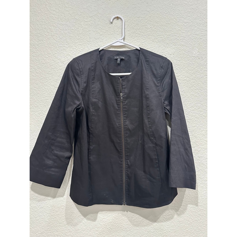 Eileen Fisher Womens Black Italian Fabric Zip Front Silk Blend Lined Jacket XS